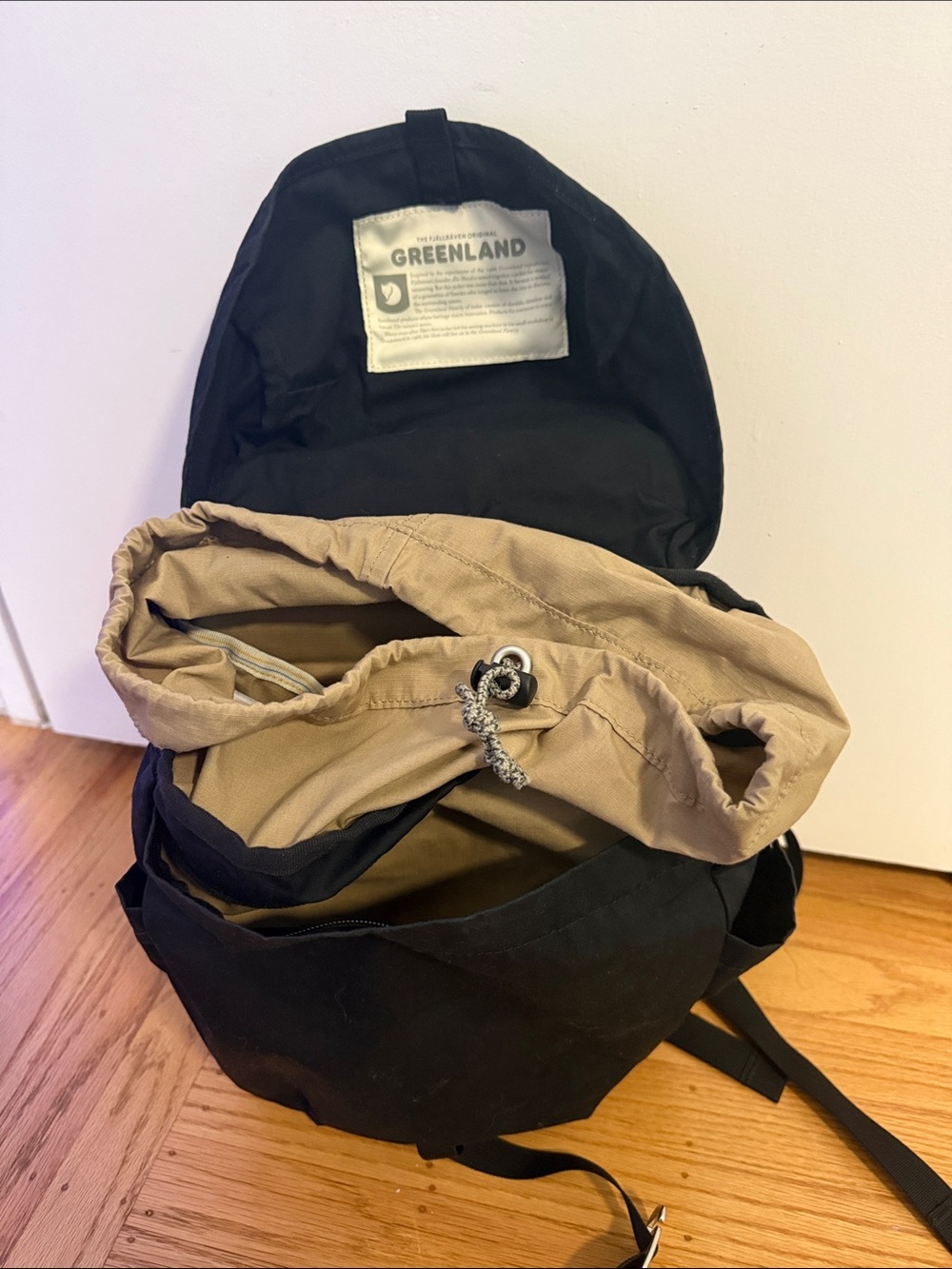 Fjallraven Greenland Black Roll-Top Backpack with Tan Leather Patch - Picture 2 of 3